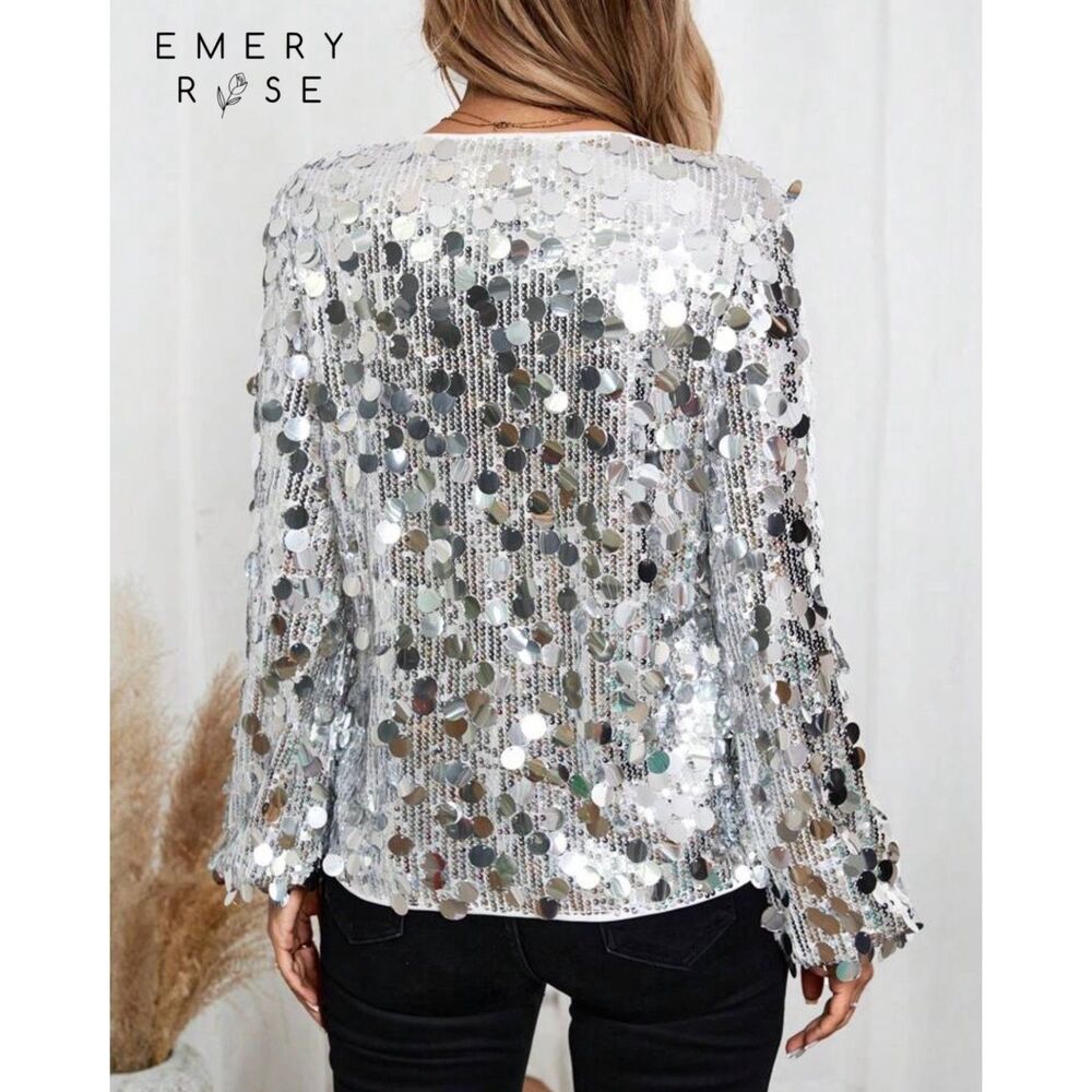 EUC EMERY ROSE Women's Luxurious Sequin V-Neck Long Sleeve Blouse XL Silver - Picture 3 of 8